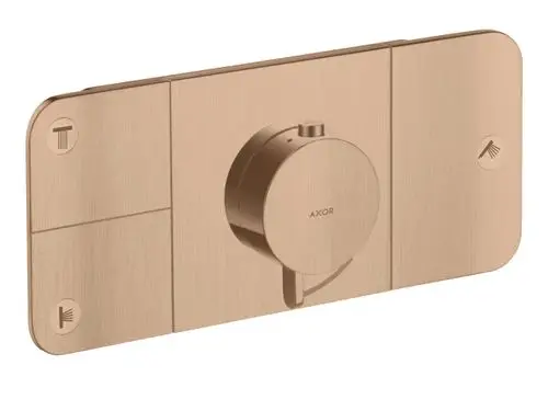 Thermostatmodul in gebürstetem Rotgold mit einem zentralen Drehknopf von AXOR, zur Steuerung von bis zu drei Verbrauchern, montiert auf einer flachen Wandplatte.